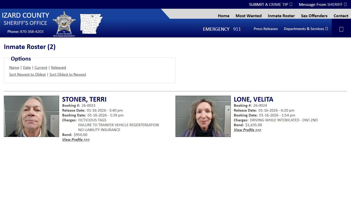 Inmate Roster - Released Inmates Booking Date Ascending - Izard County Sheriff AR