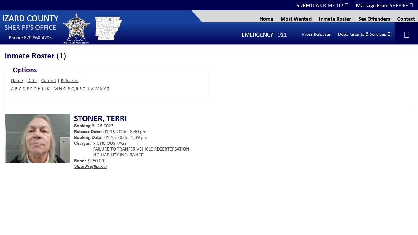 Inmate Roster - Released Inmates Alpha S - Izard County Sheriff AR