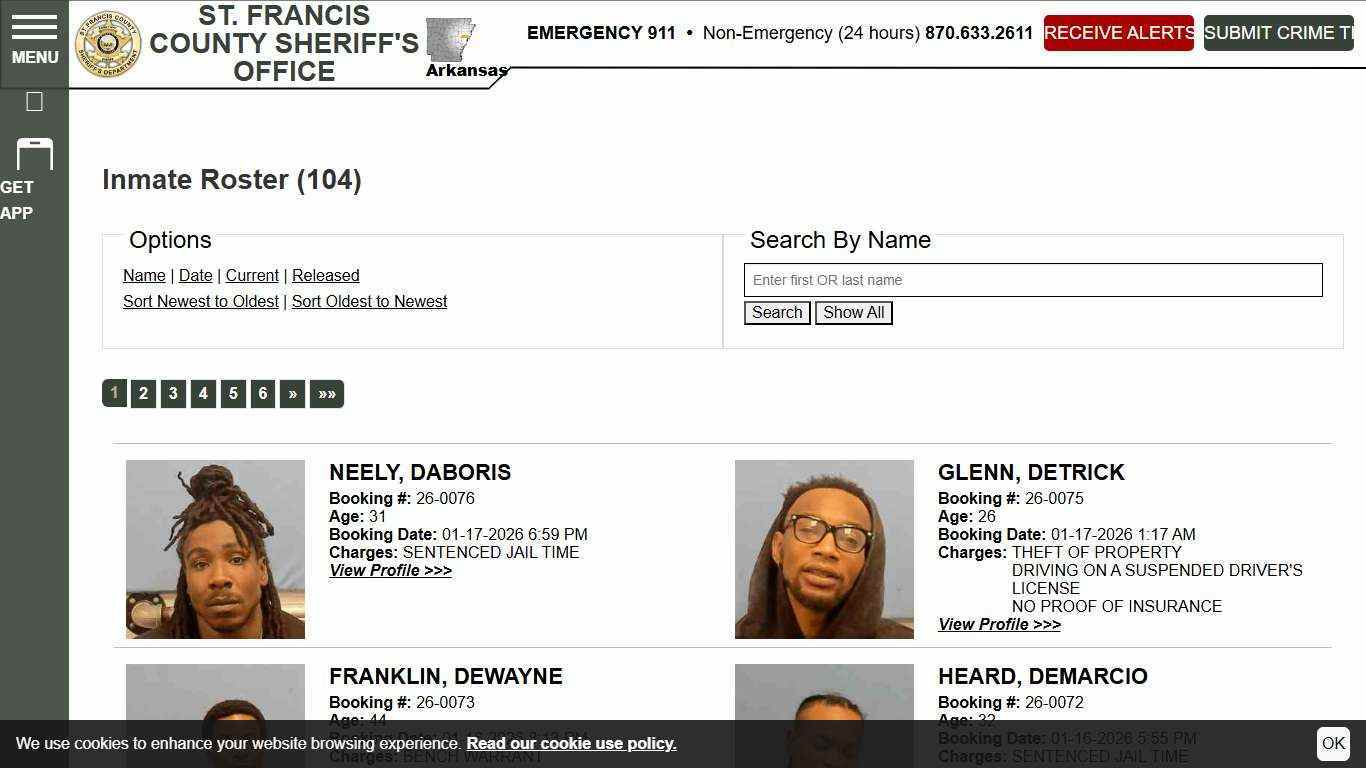 Inmate Roster | St. Francis County Sheriff AR | Sort Booking Time - Descending | Page 1