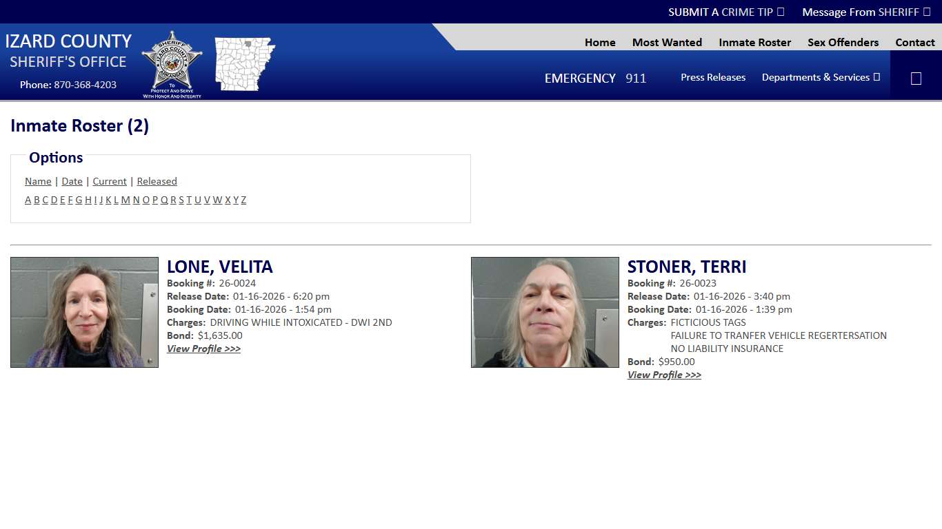 Inmate Roster - Released Inmates - Izard County Sheriff AR